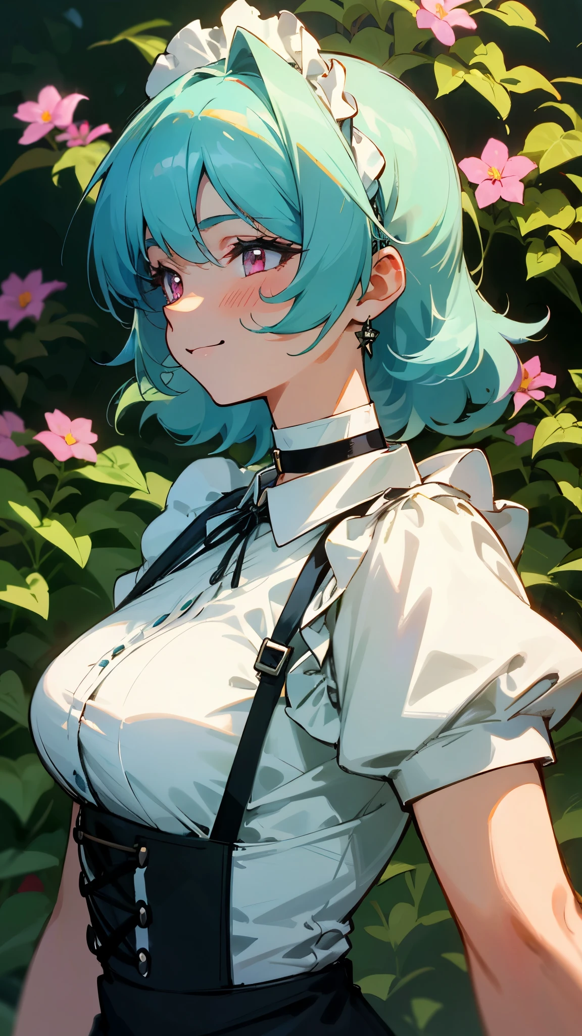 very delicate、1 beautiful girl、anime painting、highest quality、masterpiece、super detailed illustrations、upper body close-up、the most knowledgeable girl、fluffy hair、light blue hair、beautiful pink eyes、smile、round face、colored skin、big breasts、perfect female body、From the side、Black shirred maid dress、apron、Black corset with straps、headband、Choker Ribbon、cufflinks、shiny、outdoor、garden、bright、cinematic lighting、sharp outline