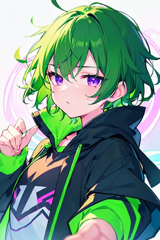 [(WHITE BACKGROUND:1.5),::5], ((((masterpiece)))), high quality, ultra_very_high_resolution, large_filesize, full color, (((solo))), ((**********)), (((green short hair))), purple eyes, anime, upper body, neon light, black parka,