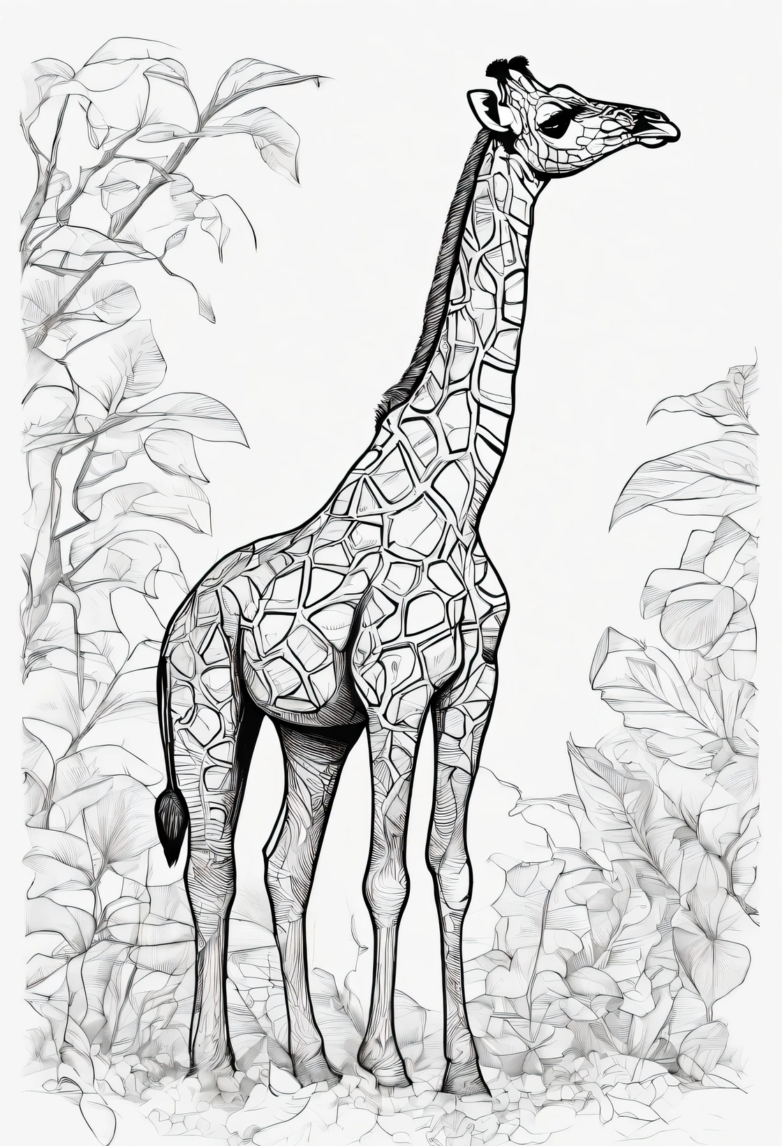 giraffe bending down to reach leaves from a tree line art, cartoon character, 3d style, high quality, coloring book, hand draw line art