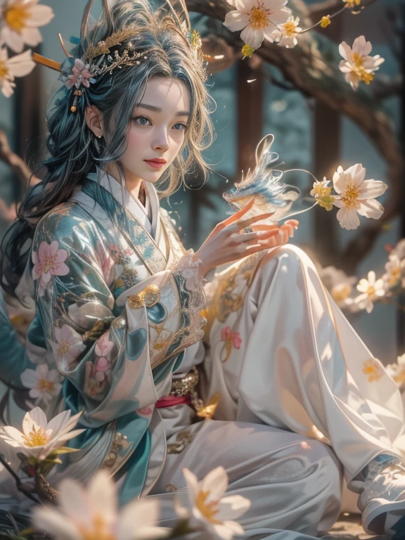 （blind box toy style：1.2），（full body photo），1 handsome young man，A Japanese man&#39;s face is precise and perfect.，The body has the golden ratio.，mechanical limbechanical body，Made from white and shiny silver translucent glass and titanium.， Delicate lace dress, fun expression, bright colors, peach blossom background,peach blossom petals falling, bright sunlight,A delicate flower crown on the head：1.2，blue eyes：1.2，(Behind him was a transparent Chinese dragon.)，future technology，oriental elements，dream light，（world class illumination，Ray traching，HDR，unrealistic rendering，Rational design，Highly detailed，Masterpiece，best quality，Hyper HD，Cinematic lighting),full body image