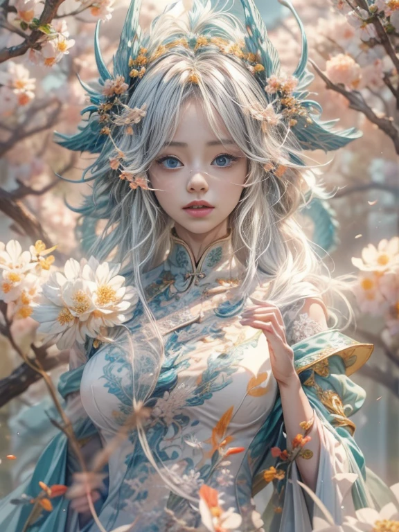 （blind box toy style：1.2），（full body photo），1 handsome young man，A Japanese man&#39;s face is precise and perfect.，The body has the golden ratio.，mechanical limbechanical body，Made from white and shiny silver translucent glass and titanium.， Delicate lace dress, fun expression, bright colors, peach blossom background,peach blossom petals falling, bright sunlight,A delicate flower crown on the head：1.2，blue eyes：1.2，(Behind him was a transparent Chinese dragon.)，future technology，oriental elements，dream light，（world class illumination，Ray traching，HDR，unrealistic rendering，Rational design，Highly detailed，Masterpiece，best quality，Hyper HD，Cinematic lighting),full body image
