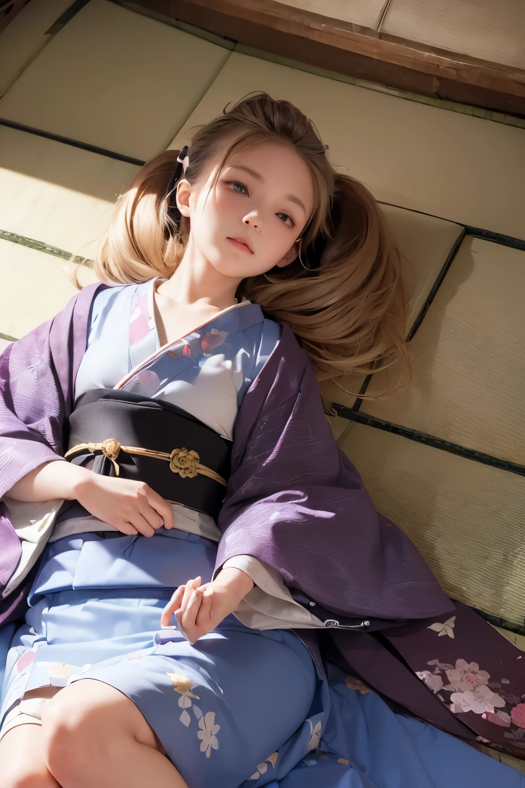 (((((JAPANESE))))), ((masterpiece)),((highest quality)),((high detail)),((realistic,)) ((super detailed)),(((lie down on the ground))),, pale skin, scrawny, flat chest, Light brown color hair, very very long twin tails, blue eyes, half closed eyes, gasping for air, Maid, mini skirt, VERY mini skirt,