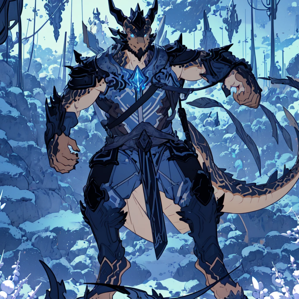 ((Character, best quality: 1.5, masterpiece, 8k detailed, monochrome: 1.5, anime)), solo: 2, 1boy, lizard boy, scaled humanoid, Bipedal dragon walking in a cave of crystals, flat colors, dark shadows, light on the back, glowing eyes, dragon head, tail, wingless,