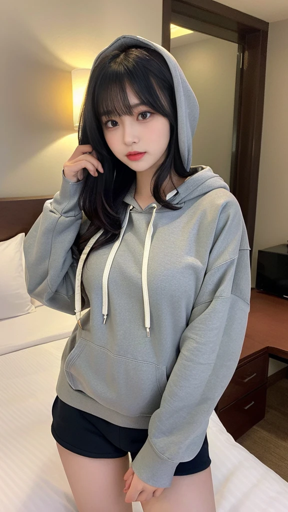 muste piece, best quality, illustration, Super detailed, fine details, High resolution, 8K,wall paper, perfect dynamic composition,(Details High quality, realistic depiction of eyes:1.3), (Oversized Light Gray Hoodie:1.2), Erotic Shorts, big breasts, short bob hair、black hair color, Big Natural Color Lip, bold sexy pose, (perfect body shape), drooing eyes, eyes gentle, Harajuku style、20 year old girl、cute type、ta、beautiful legs, hotel room, gravure idol