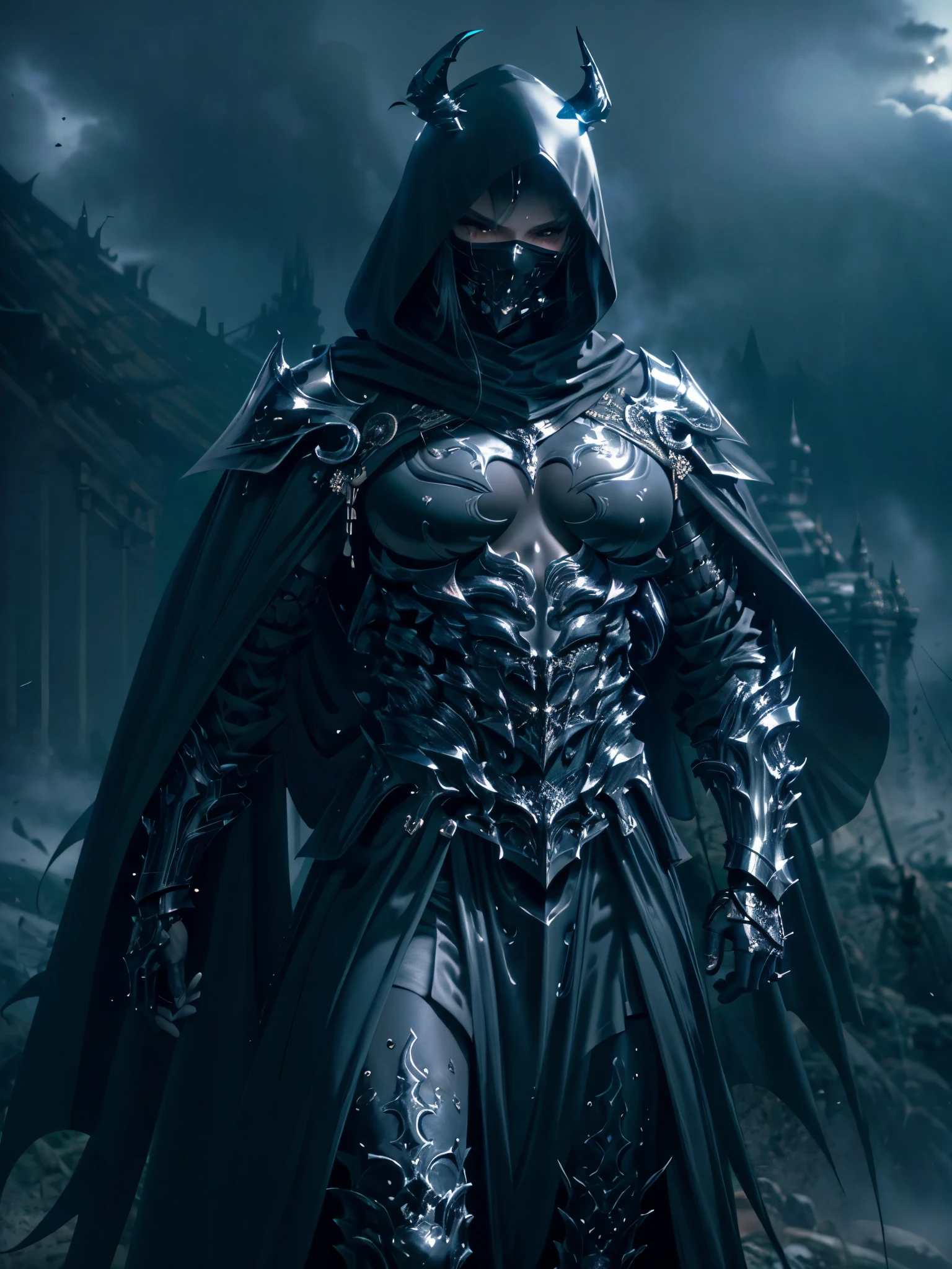 A breathtaking, ultra-detailed dark fantasy full-body illustration Showcases a proud angelical warrior Clad in intricate medieval black HKStyle armor and an epic black ornamented mask, wielding a formidable dark aura sword. His eyes, as dark and deep-set as the night, burn with an intensity both brooding and agonized. Wide, impressive shoulders stabilize muscular frame, encased in large gauntlets. Majestically poised, the warrior dons a flowing cloak and a concealing black hood amidst a storm. The background portrays dramatic, foggy gloom, with thunderclouds swirling ominously. Exquisitely