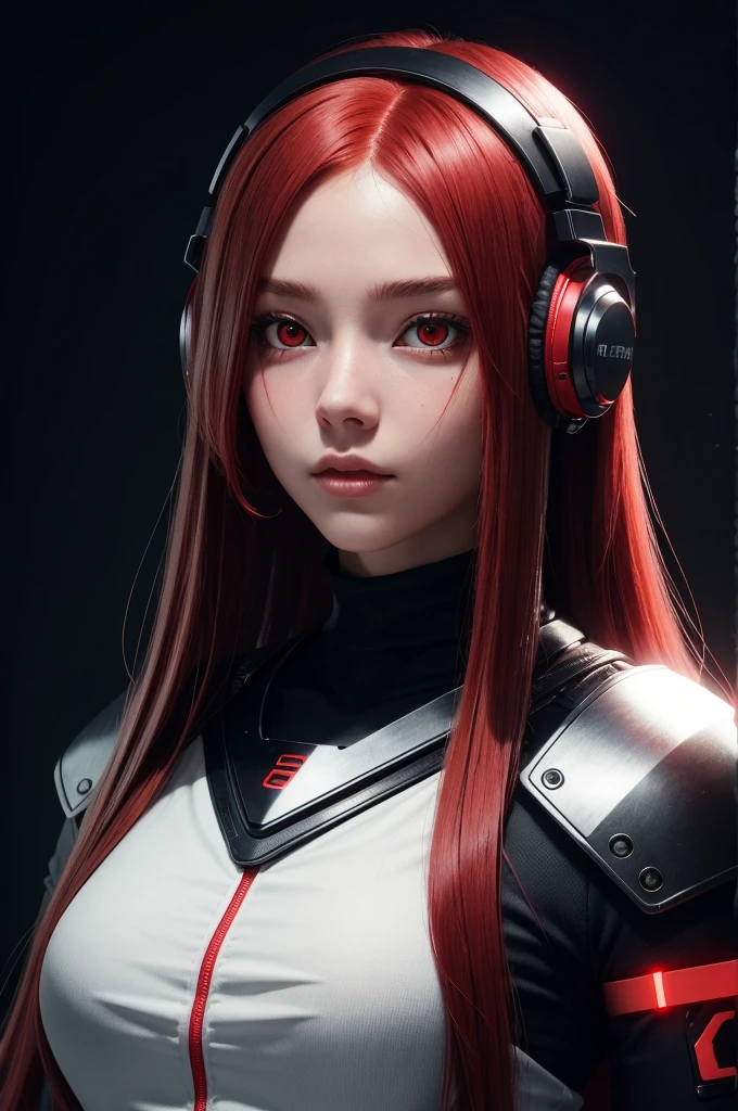 girl with long red hair, red eyes, futuristic vibes, mask on mouth, headphones, 8k, high quality, simple background, glowing eyes, nice pose