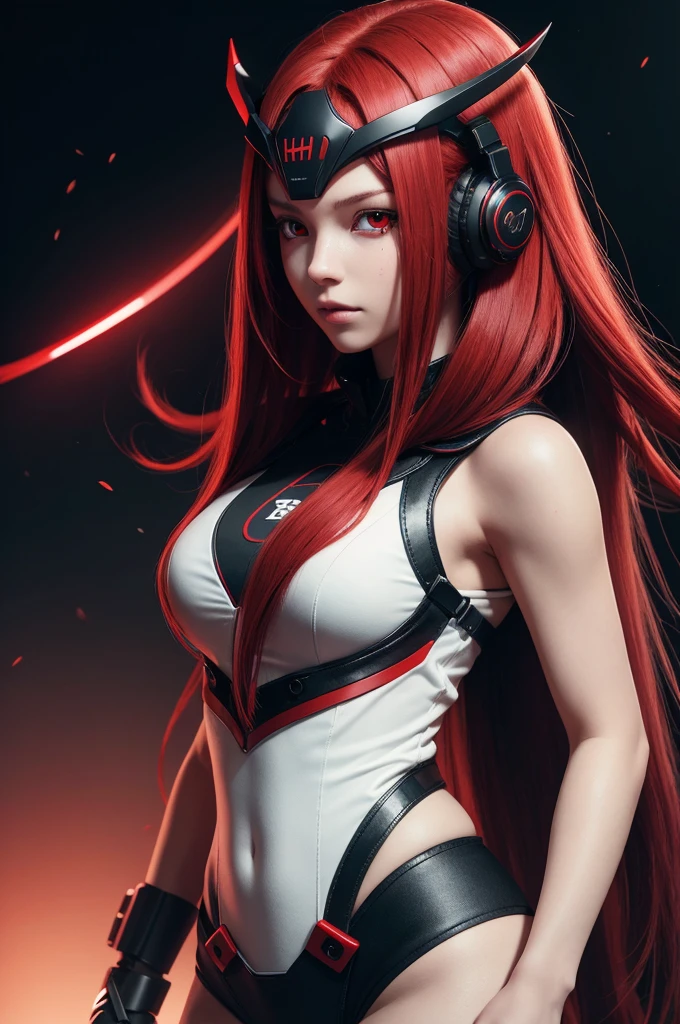 girl with long red hair, red eyes, futuristic vibes, mask on mouth, headphones, 8k, high quality, simple background, glowing eyes, nice pose