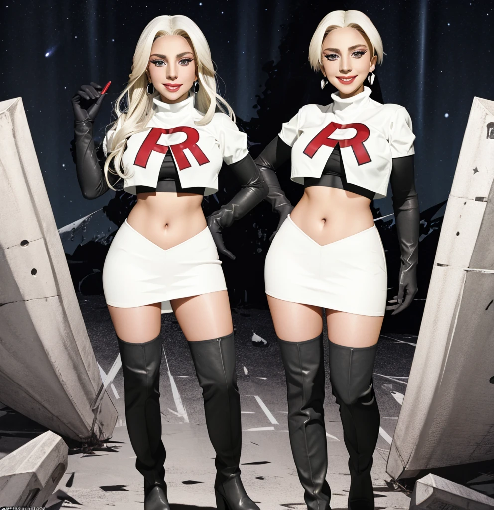 Lady Gaga, Team rocket, team rocket uniform, red letter R, white skirt,white crop top,black thigh-high boots, black elbow gloves, evil smile, night sky background, earrings, large breasts