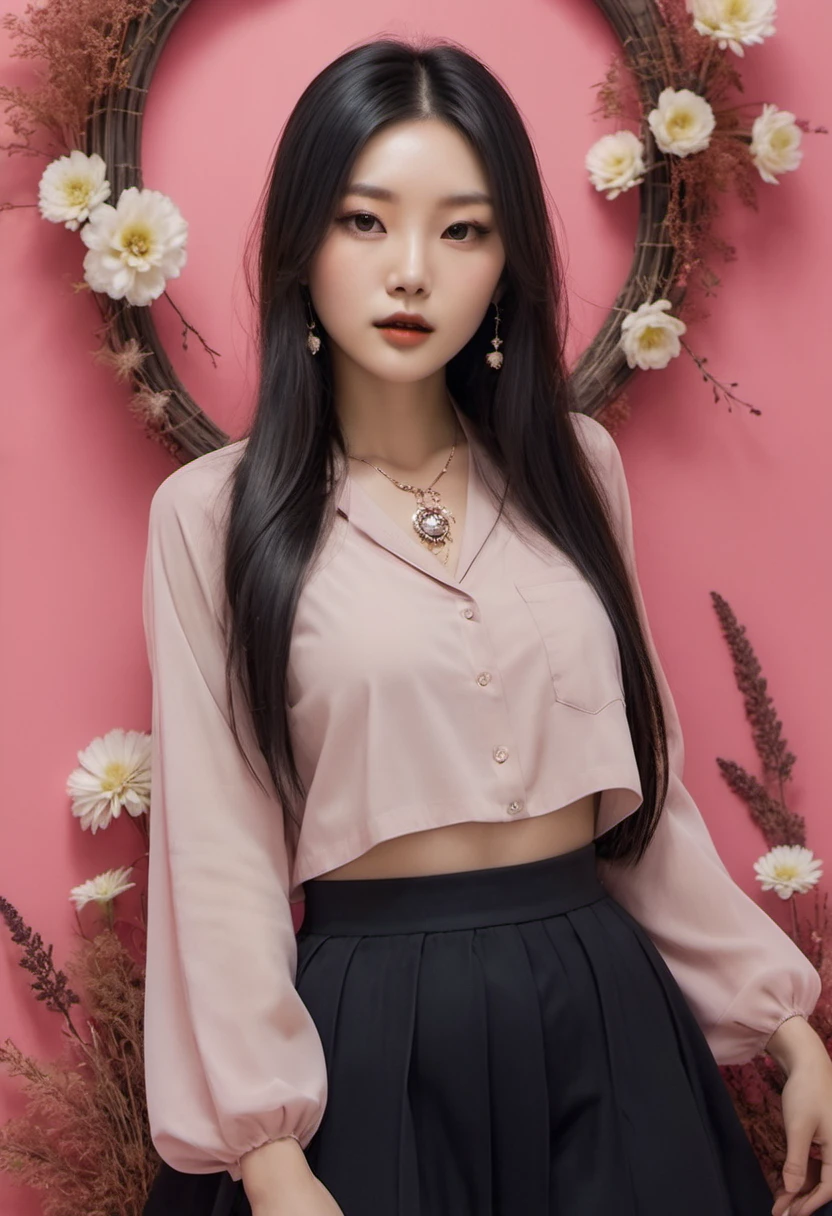 Extra detailed body, beautiful Asian woman long black blonde straight hair, neath, extra detailed face, best quality: 1.2)、femele、looking at the viewer、(Strange fashion、dried flowers、necklace, pastel clothes、Asymmetry)、(Colorful walls