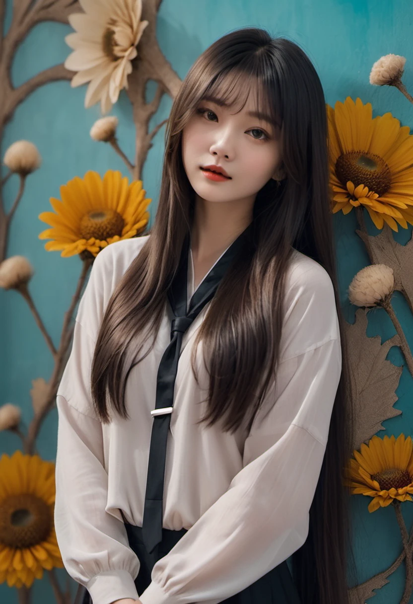 Extra detailed body, beautiful Asian woman long black blonde straight hair, neath, extra detailed face, best quality: 1.2)、femele、looking at the viewer、(Strange fashion、dried flowers、necklace, pastel clothes、Asymmetry)、(Colorful walls