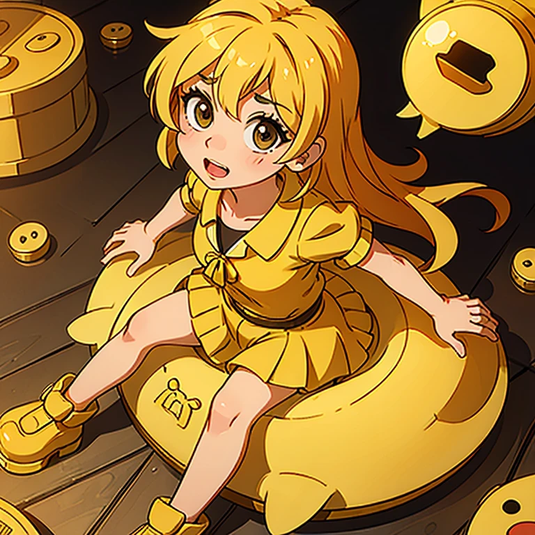 Rubber duck sitting on gold coins, realistic anime style, 3D, 2D, Good quality