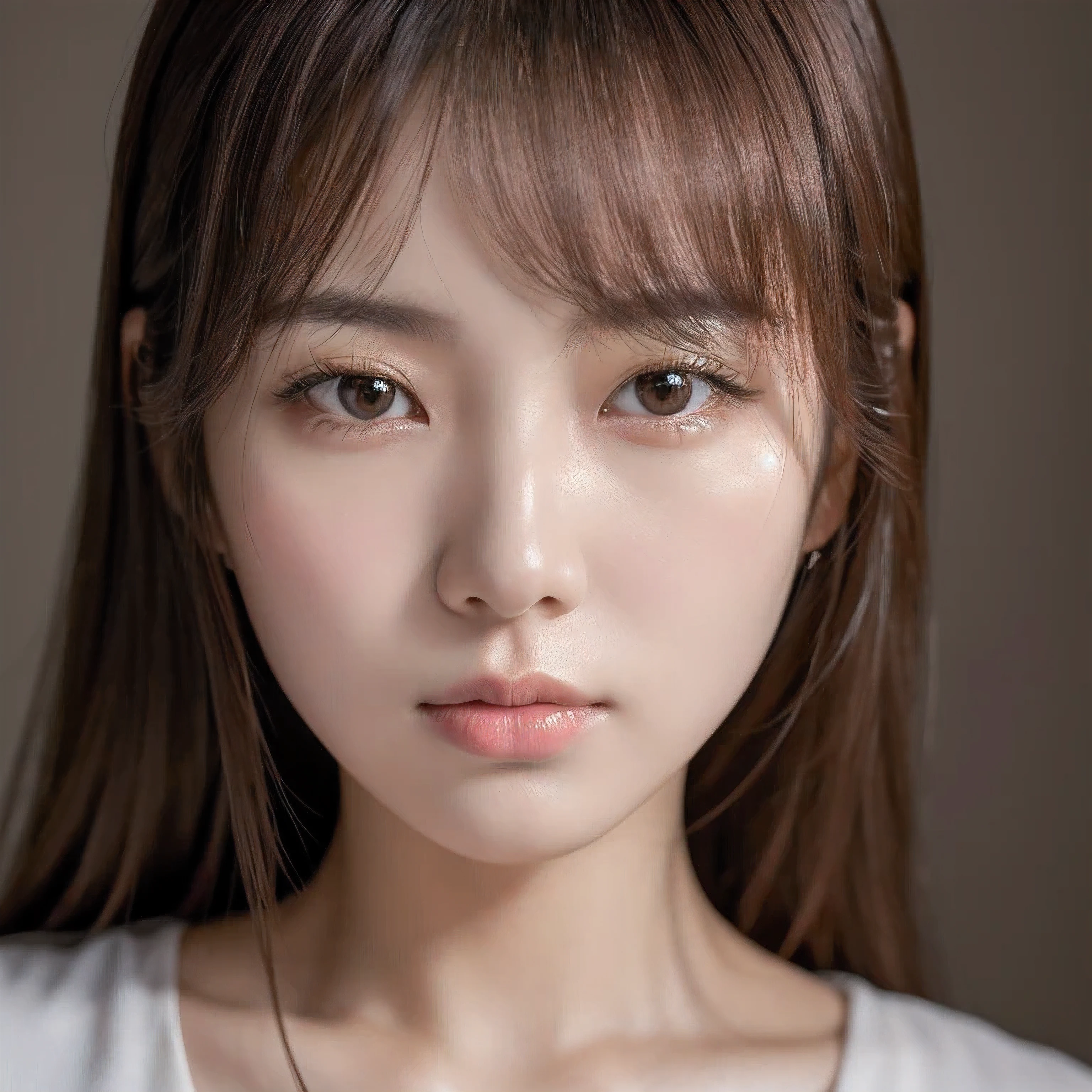 best quality, face focus, soft light, ultra high resolution, (realistic:1.4), RAW photos, 1Korean girl, alone, Older, (middle-age, light in the eyes), detailed beautiful face, (big bust),(High resolution details of human skin texture), (long hair), inside, damask shirt dress, (portrait)