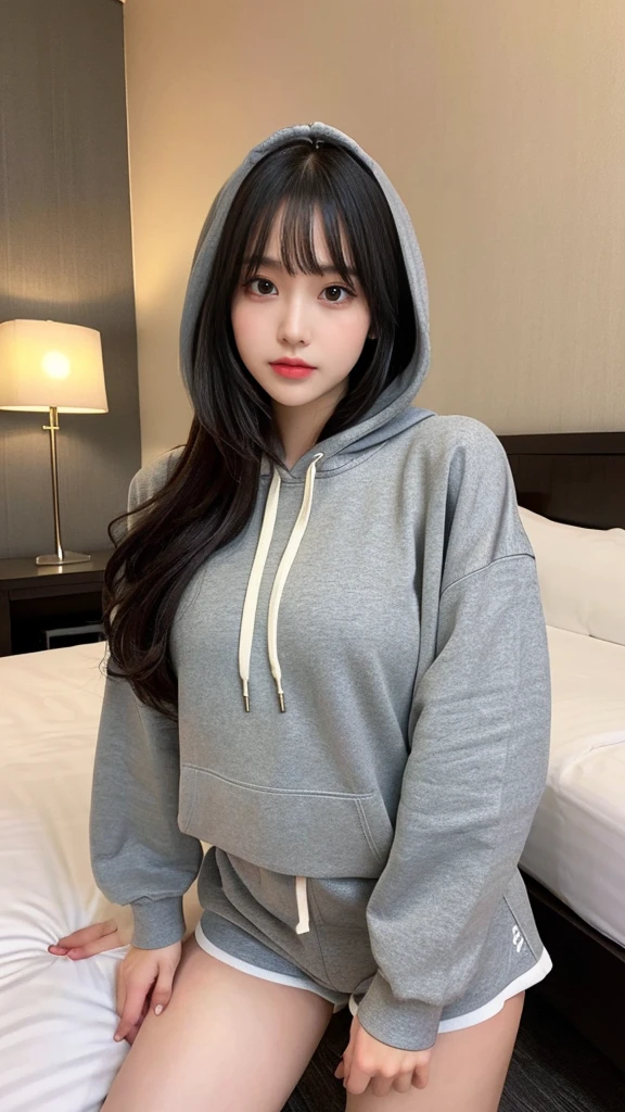 muste piece, best quality, illustration, Super detailed, fine details, High resolution, 8K,wall paper, perfect dynamic composition,(Details High quality, realistic depiction of eyes:1.3), (Oversized Light Gray Hoodie:1.2), Erotic Shorts, big breasts, short bob hair、black hair color, Big Natural Color Lip, bold sexy pose, (perfect body shape), drooing eyes, eyes gentle, Harajuku style、20 year old girl、cute type、ta、beautiful legs, hotel room, gravure idol
