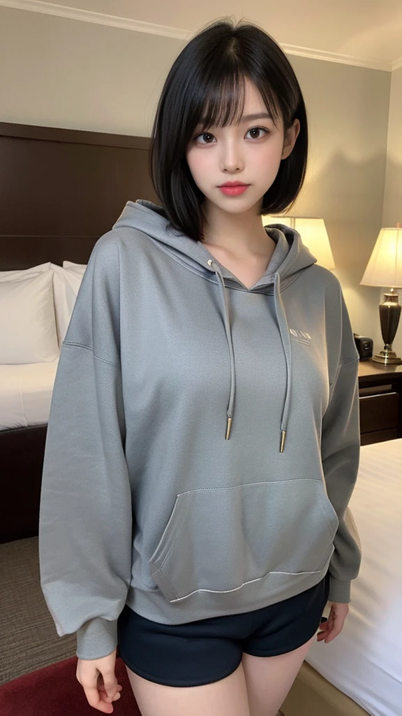 muste piece, best quality, illustration, Super detailed, fine details, High resolution, 8K,wall paper, perfect dynamic composition,(Details High quality, realistic depiction of eyes:1.3), (Oversized Light Gray Hoodie:1.2), Erotic Shorts, big breasts, short bob hair、black hair color, Big Natural Color Lip, bold sexy pose, (perfect body shape), drooing eyes, eyes gentle, Harajuku style、20 year old girl、cute type、lolita、beautiful legs, hotel room, gravure idol