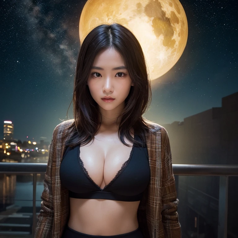 (8k、RAW Photos、top-quality、​masterpiece:1.2)、(realisitic、Photorealsitic:1.37)、女の子1人、japanes、25-years old、femele、deep in the night、Moon Night、The rooftop of a building overlooking the town、Night sky with the moon shining、photon maping、Radio City、Dark brown hair、(full bodyesbian)、详细的脸、Detailed lips、detailedeyes、More skin、二重まぶた、(huge-breasted:1.5)、(see-through dresses、Dress with wide open chest)、no-bra、Panties、a necklace、high-heels、(The shape of the pubic area is clearly visible)、perfectbody、shinny skin、sexypose、sexy facial expression、Make eye contact with the camera