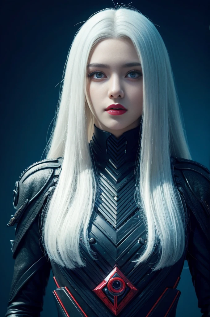 Portrait of a beautiful girl with wavy white hair, wearing a formal black dress with metal parts, red eyes, monograms in the background, digital painting, dark colors, 8k, complex details, vintage, retro futuristic style, sharp focus on the center, pastel colors, art station, (sci-fi, future, future theme), (facial expression looking with disdain), (detailed illustration)