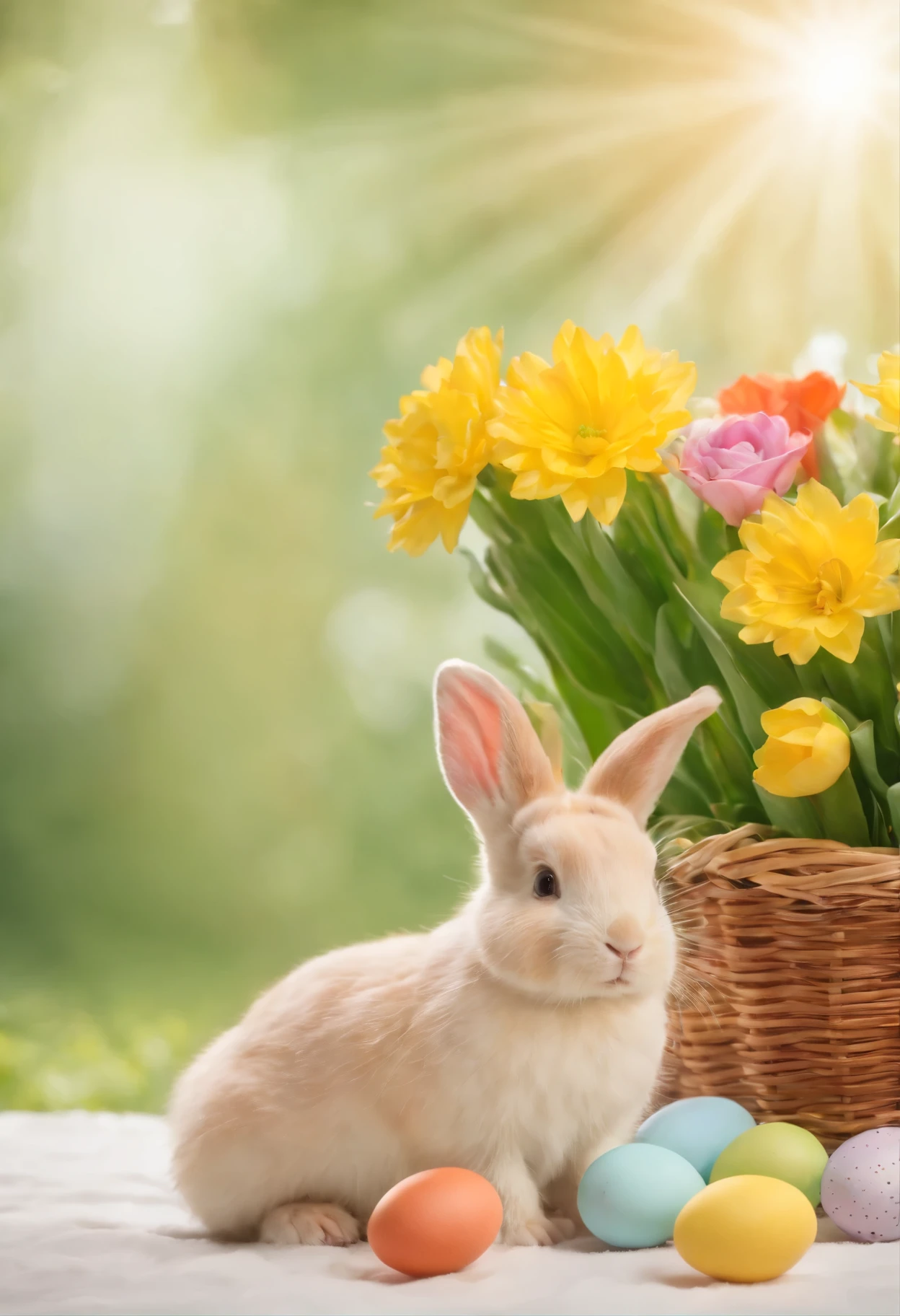 Imagine a charming and colorful Easter scene, com um coelho fofinho segurando um cesto cheio de ovos decorados. Ao redor, there are flowers in soft and bright tones, criando um ambiente alegre e festivo. The sky is painted in pastel colors, com nuvens fofas e um sol radiante, iluminando toda a cena. The predominant colors are green, o rosa e o amarelo, conveying the joy and renewal of the Easter season