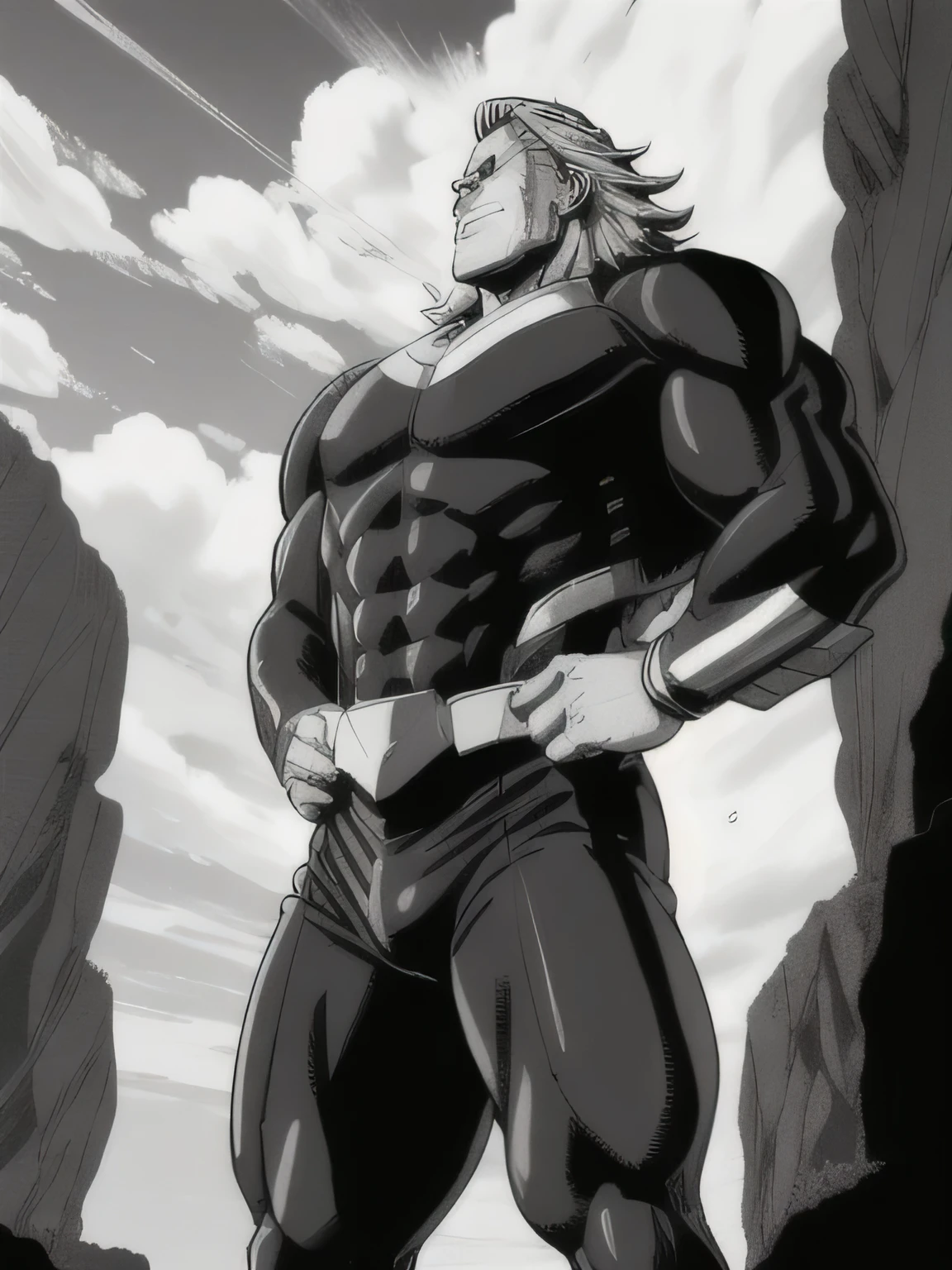 best quality, high resolution, manga, monochrome, handwritten style, allmight, black bodysuit, hunk, wet clothes, from below, arms folded,