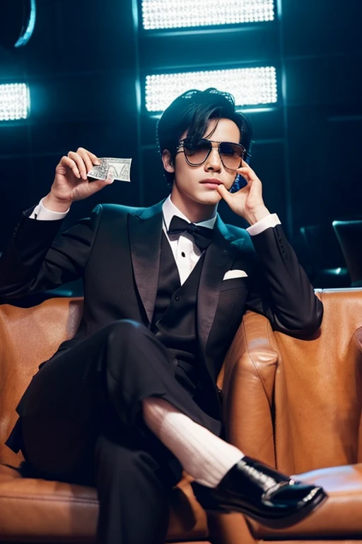 Elegant man sitting in a club seat, youth, wearing a suit and crossing his legs, realistic picture, black hair, no beard,Holding a wad of money,sunglasses,Next to him is a beautiful woman in a dress with sparkling eyes