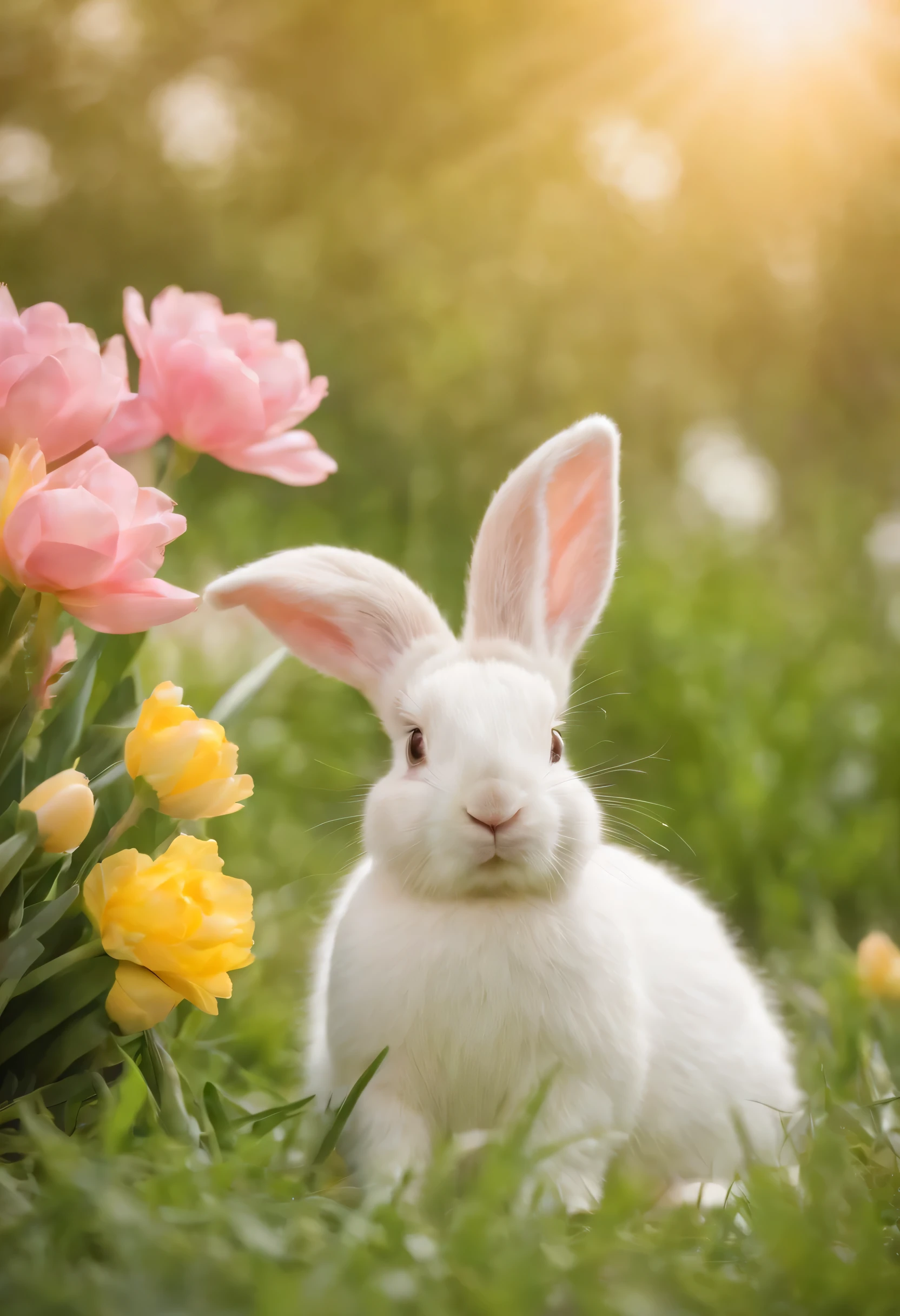 Imagine a charming and colorful Easter scene, com um coelho fofinho segurando um cesto cheio de ovos decorados. Ao redor, there are flowers in soft and bright tones, criando um ambiente alegre e festivo. The sky is painted in pastel colors, com nuvens fofas e um sol radiante, iluminando toda a cena. The predominant colors are green, o rosa e o amarelo, conveying the joy and renewal of the Easter season