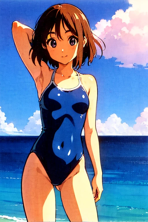 takada akemi, painting \(Moderate\), RETRO ARTstyle, traditional media, watercolor \(Moderate\), 1980s \(style\), (only one girl), ((alone)), short hair, blue eyes, blonde, smile, fine eyes, perfect functionality, (masterpiece), (highest quality:1.4), disorganized, [:intricate details:0.2], moist skin, shiny skin, Glossy skin, (masterpiece, highest quality, good quality:1.4), masterpiece, intricate details, ((2 piece swimsuit)), (looking at the viewer), outdoor, beach, close, sexy