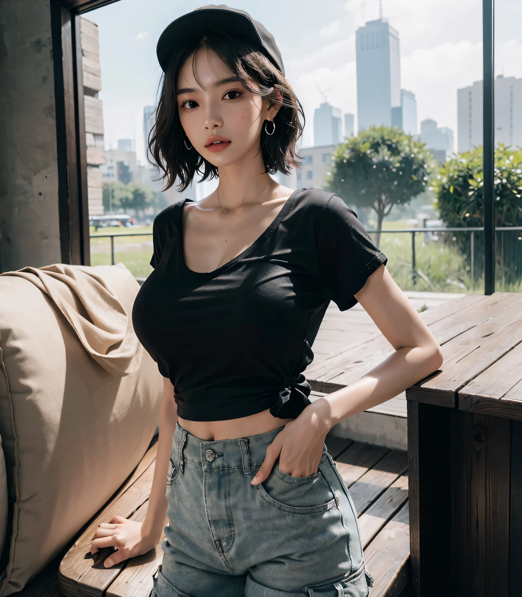 Mulher bonita com cabelo ondulado, olhos delicados e encantadores, entalhe da coxa, pernas sexy e muito volumosas, pernas grossas , cintura muito fina e marcada ,  camiseta em shorts pequenos, cyberpunk futurista bonito + cidade, mistborn, humid, chuva, obra-prima de melhor qualidade, realista, muito detalhado, 8k, HDR, profundidade de campo rasa, luz ampla, alto contraste, luz de fundo, flooding, flash, chromatic aberration, foco nítido, foto de cor RAW