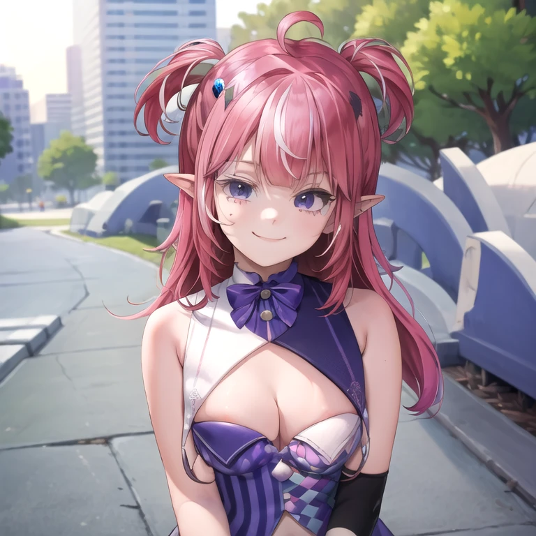 masterpiece, best quality, absurdres, colorful, outdoors, day, 1girl, solo, camila (vtuber), looking at viewer, upper body, smile, head tilt, leaning forward, pointy ears nipple piercings 