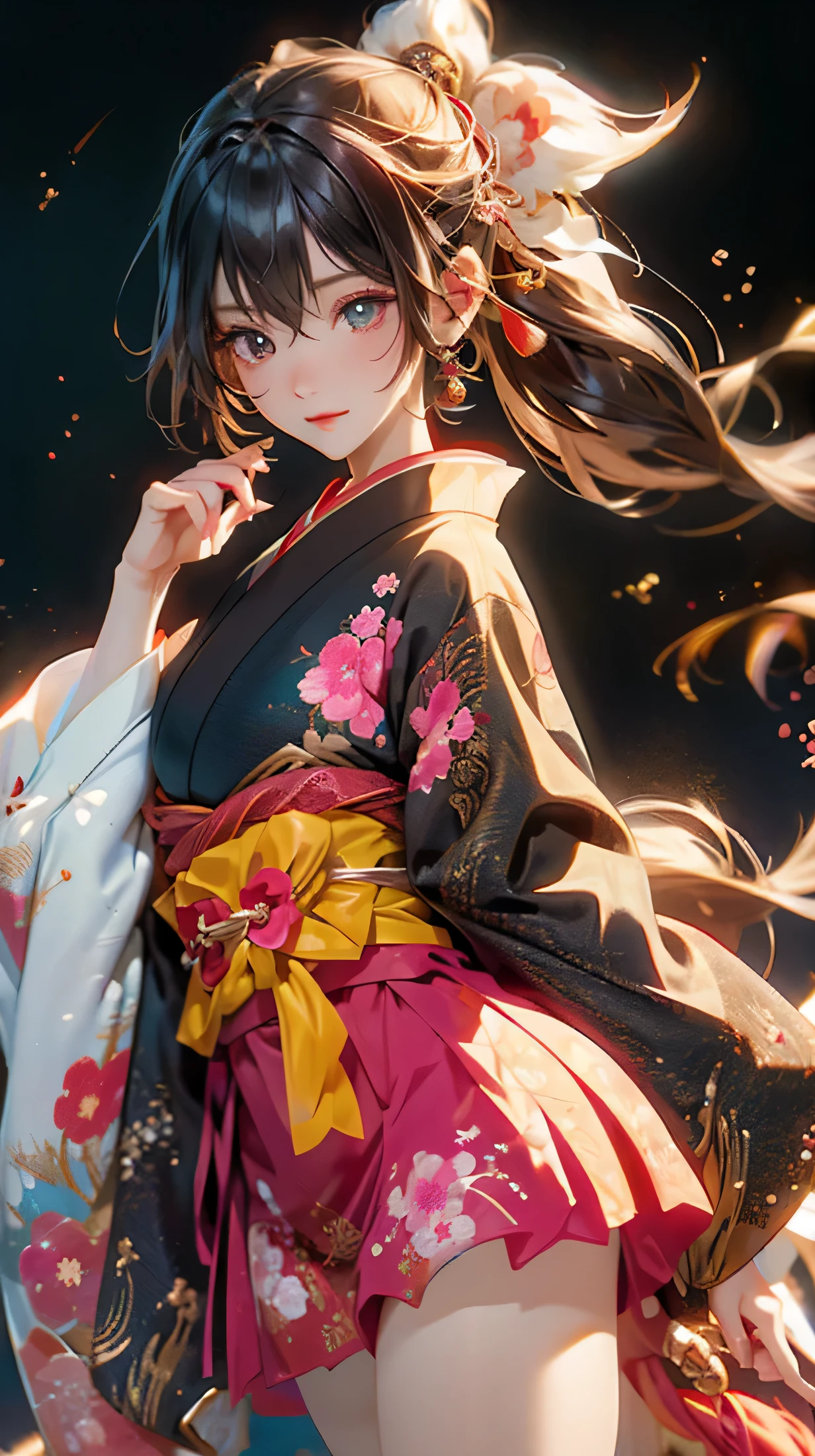 official art, unity 8k wallpaper, super detailed, beautiful beautiful, masterpiece, highest quality, (tangled, tangle, tangle), (fractal art: 1.4), 1 girl, black haired, Japanese, bare shoulders, short skirt, calf, very detailed, dynamic angle, cowboy shot, (the most beautiful form of chaos), flowing, (bright colors), nffsw, (half: 1.2), Japanese style, (Tanka: 1.5), (ribbon: 1.3), (dream: 1.5), (Japanese style: 1.5), Japan Phoenix、(laughter:0.5)、(Japanese god)、Bewitching,Flower of the other shore