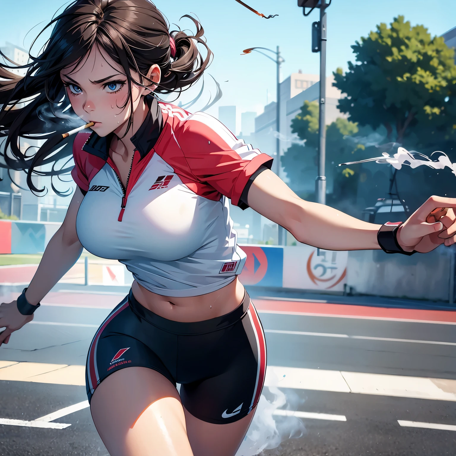 best quality, masterpiece, highres, colorful, artstation, concept art, smooth, sharp focus, illustration, sport girl smoking a cigarette, smoking, smoker, sweating, more smoke, sprinting, running, in movement, 1girl, outdoor, empty hand