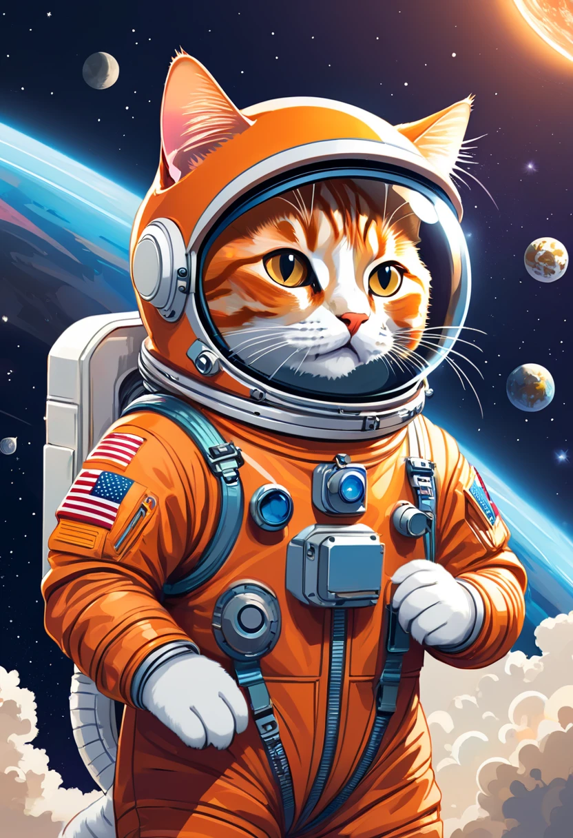 vector art:cat astronaut,draw with thick lines,shame,adobe,flat design,Works created by professional designers,超아주 wonderful宇宙旅行,orange cat:space suit,rocket emblem,technology,adventure,spaceship,outer space,no gravity,buoyant,floating object,cute,아주 wonderful,아주 wonderful,Bokeh effect,funny,아주 wonderful,pleasure,masterpiece,最高masterpiece,rich colors,fancy,wonderful,expression,Zentangle elements,line drawing,