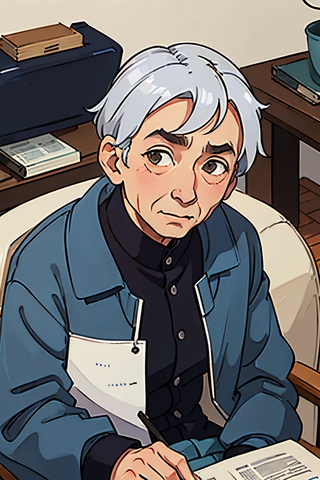 A scene of an 80-year-old wrinkled grandfather anxiously watching over his grandson。Grandpa sits in a chair、He has a book in his hand that he is reading。The expression is calm and warm。