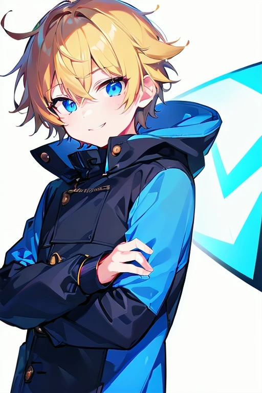 [(WHITE BACKGROUND:1.5),::5], ((((masterpiece)))), high quality, ultra_very_high_resolution, large_filesize, full color, (((solo))), ((**********)), ((gold short hair)), blue eyes, anime, upper body, neon light, black parka, evil smile,