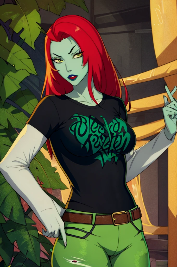 Poison ivy, red hair, green skin, 1girl, solo, standing, black t-shirt, white shirt, blue jeans, belt, lipstick, large breasts