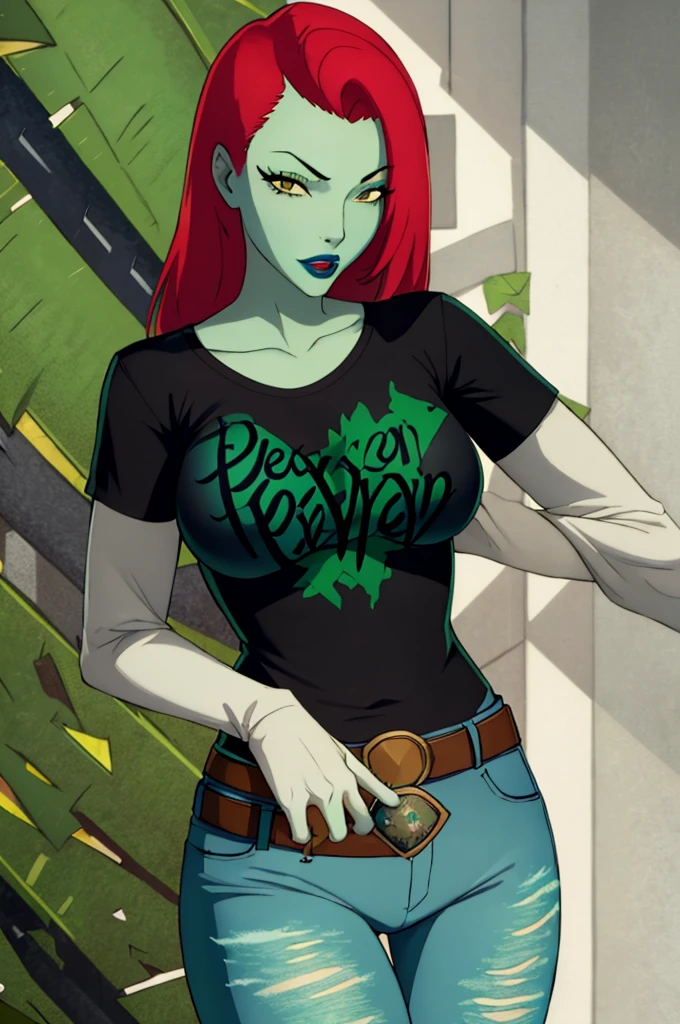 Poison ivy, red hair, green skin, 1girl, solo, standing, black t-shirt, white shirt, blue jeans, belt, lipstick, large breasts