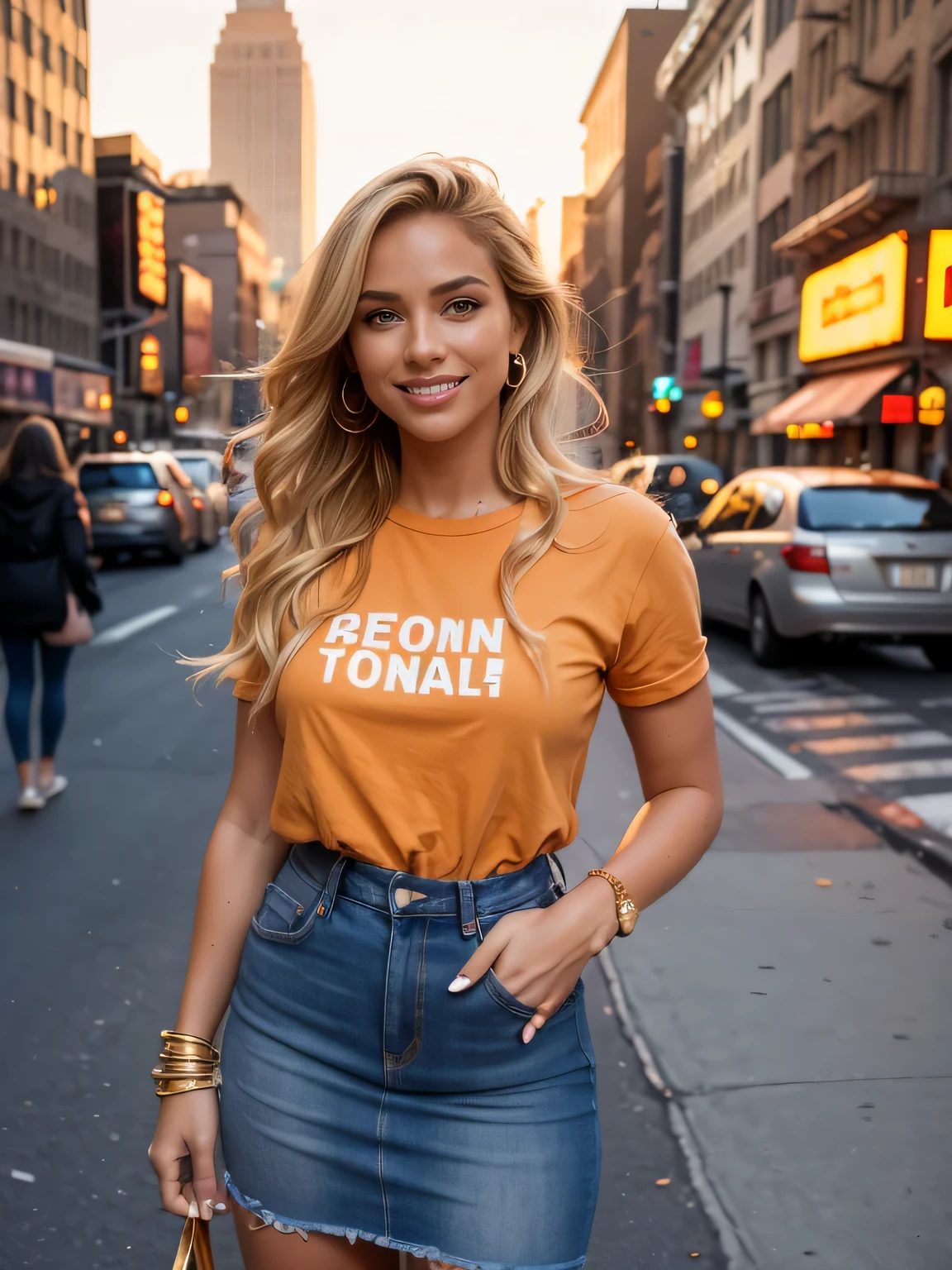 a woman, blonde, smile, NYC street,  jeans dress, golden hour, orange sky