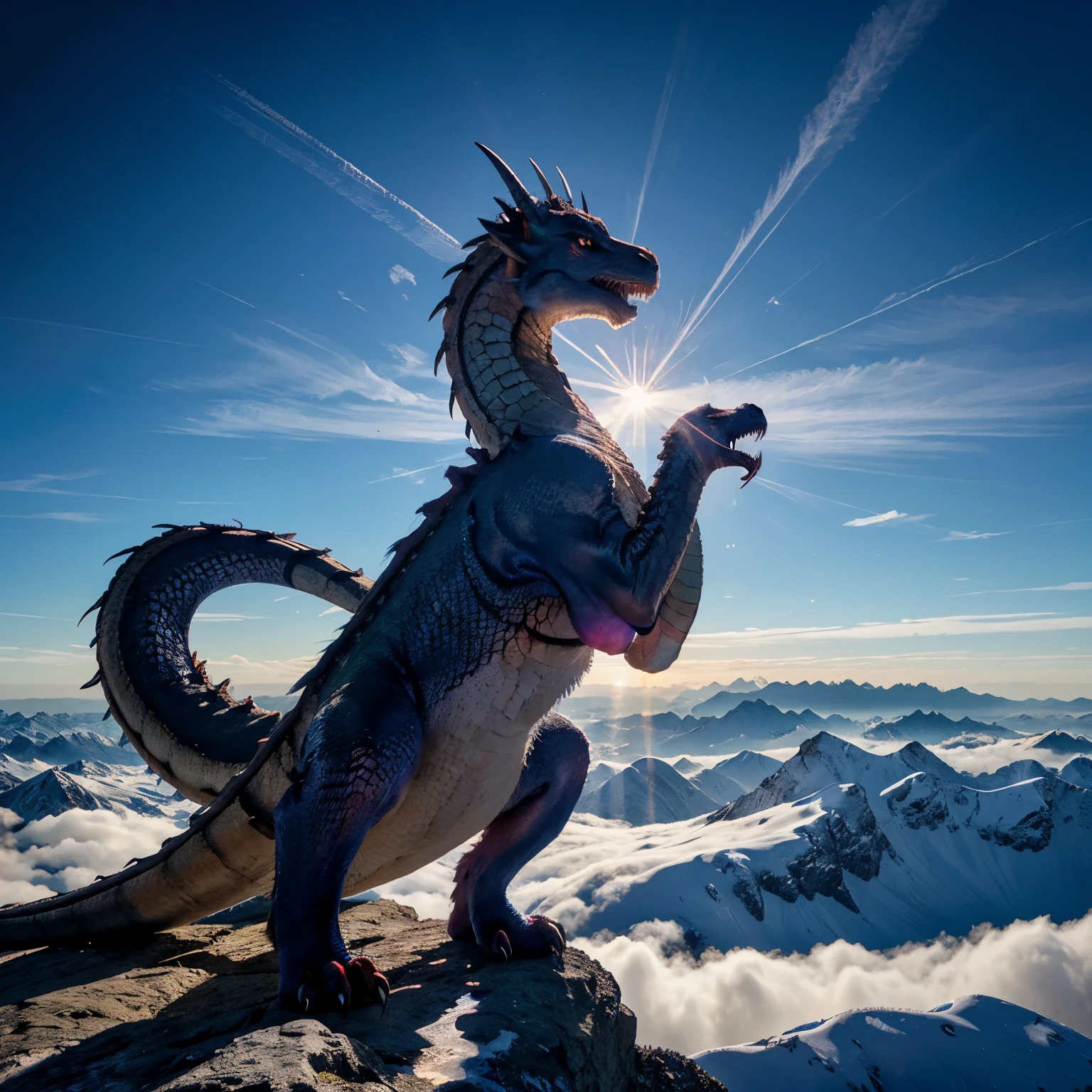Ombre d'un dragon dans un ciel orageux dans les montagnes
