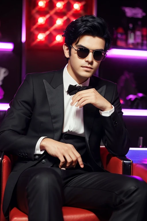 Elegant man sitting in a club seat, youth, wearing a suit and crossing his legs, realistic picture, black hair, no beard,Holding a wad of money,sunglasses,Beauty in a dress,Beautiful woman wrapping her arm around a man