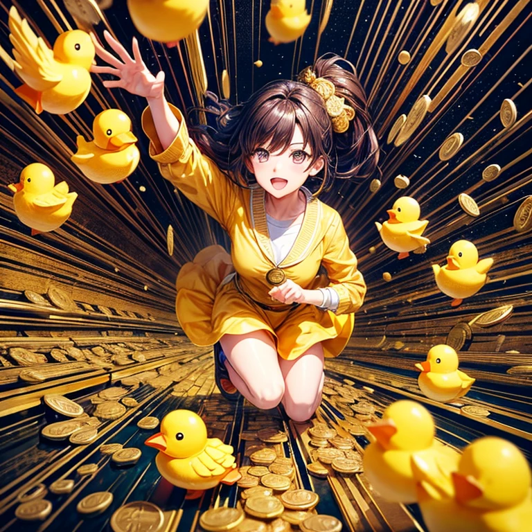 Rubber ducks surrounded by gold coins, realistic anime style, Drawing, coins falling from the sky