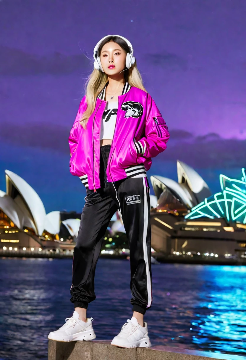  realistic photo of a beautiful 20 year old adult Asian girl, long blonde brown hair, neat contemporary clothes, full body appearance in a cool standing pose wearing a purple & black bomber jacket with the words "KFK BISON", white jogger shoes, with pink neon light effects around shoe. wearing headphones 🎧 mp3. Colorful, detailed, dramatic poses with a clear urban backdrop of the Sydney Opera House at night. HD quality, fashion, cinematic.