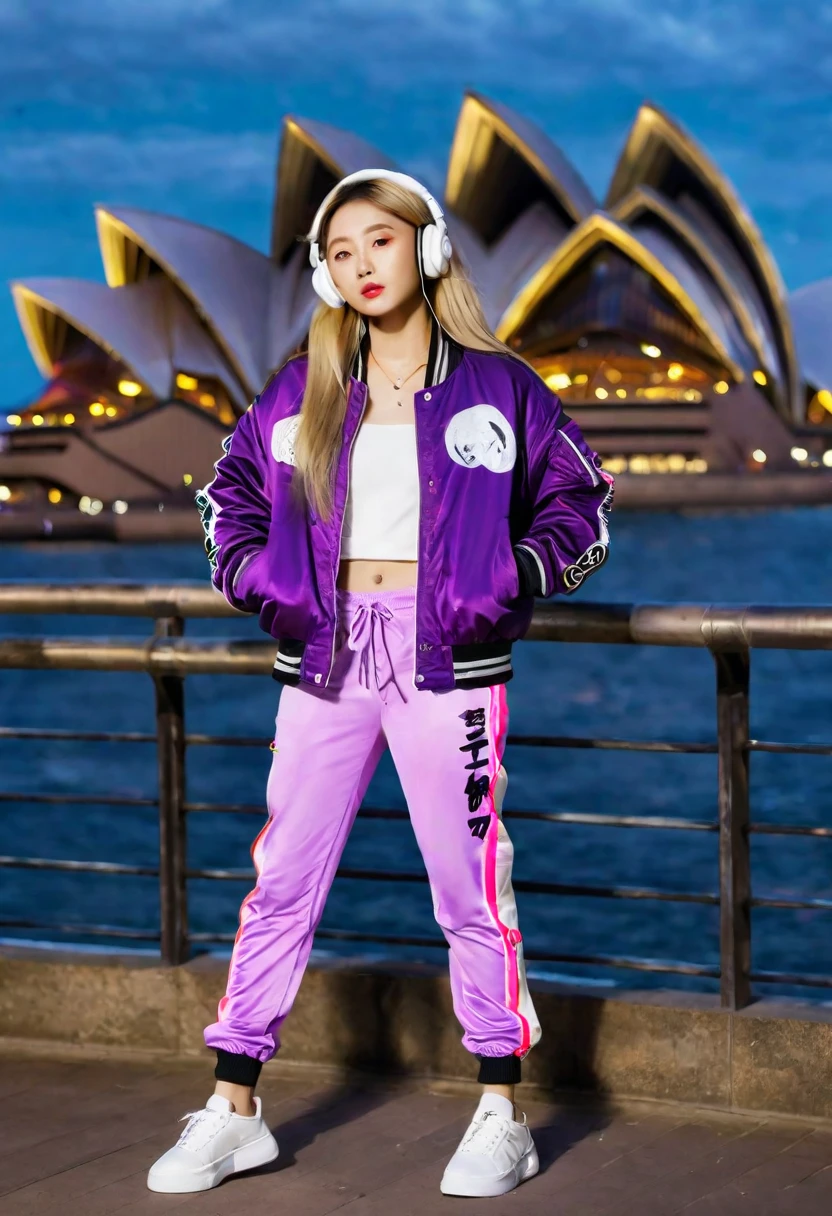  realistic photo of a beautiful 20 year old adult Asian girl, long blonde brown hair, neat contemporary clothes, full body appearance in a cool standing pose wearing a purple & black bomber jacket with the words "KFK BISON", white jogger shoes, with pink neon light effects around shoe. wearing headphones 🎧 mp3. Colorful, detailed, dramatic poses with a clear urban backdrop of the Sydney Opera House at night. HD quality, fashion, cinematic.