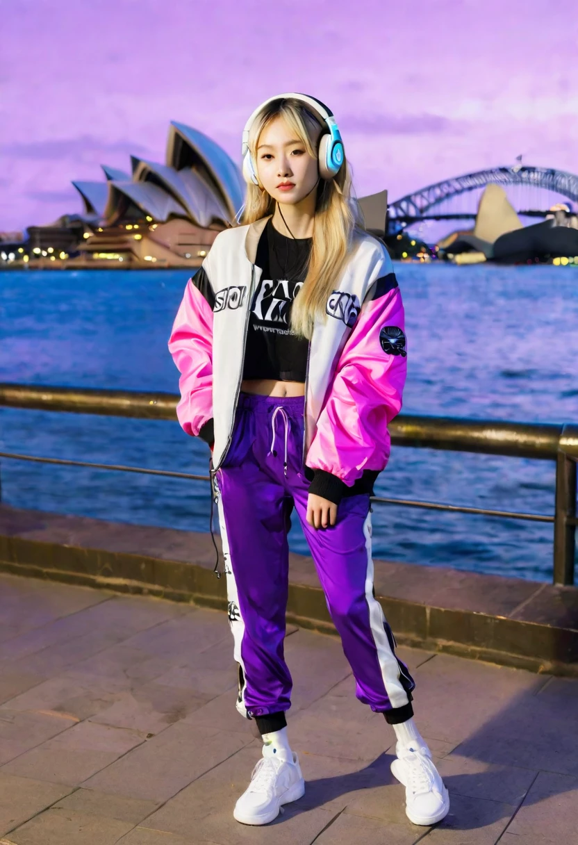  realistic photo of a beautiful 20 year old adult Asian girl, long blonde brown hair, neat contemporary clothes, full body appearance in a cool standing pose wearing a purple & black bomber jacket with the words "KFK BISON", white jogger shoes, with pink neon light effects around shoe. wearing headphones 🎧 mp3. Colorful, detailed, dramatic poses with a clear urban backdrop of the Sydney Opera House at night. HD quality, fashion, cinematic.