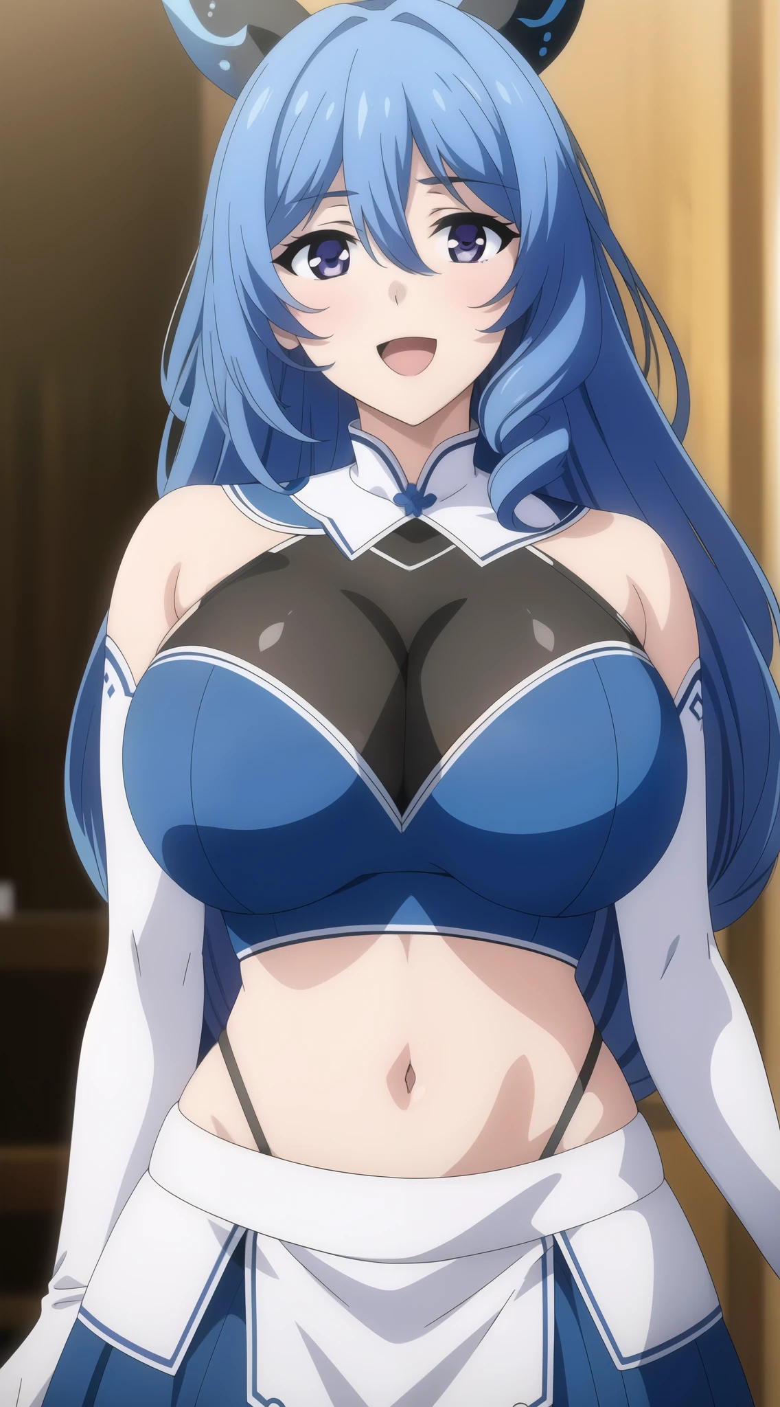 aoemai, hair ribbon, pale skin, blue hair, purple eyes, sidelocks, drill sidelock, hair between eyes, looking at viewer, :d, 1girl, huge breasts, solo, long hair, blue hair, navel, elbow gloves, looking at viewer, purple eyes, gloves, midriff, bare shoulders, white gloves, cleavage, large breasts, skirt, hair between eyes, crop top, blue eyes, dress, ,(masterpiece: 1.0), (best_quality: 1.0), ultra high resolution, 4K, ultra detailed, photography, 8K, HDR, highres, absurders:1.2, Kodak portra 400, film grain, blurred background, bokeh:1.2, l (vibrant_color:1.2) (Beautiful), (beautiful_face:1.5),(narrow_waist), anime style, sharp focus, professional artwork,trending on pixiv, detailed bold arm lines, high color saturation, bold lines, bold drawing lines), open mouth, (white skin, (fair skin),
