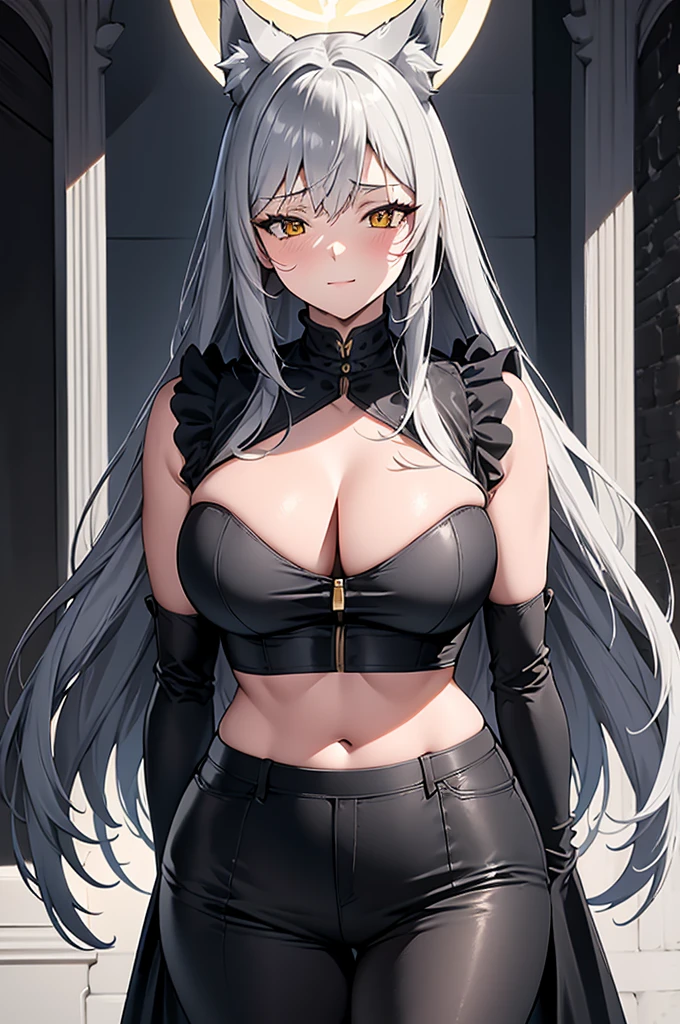 Masterpiece, full body portrait, no cropped, 4k, wallpaper, highlydetailed face, ultra-detailed face, solo (1woman), voluptuous, big breasts, curvy, long hair, gray hair, tall young woman, wolf woman, wolf ears, long wolf tail, beautiful, enchanting, bright yellow eyes, detailed eyes, ultra-detailed eyes, elegant, small vertical scar under right eye, small rosy lips, big breasts, slender elegant arms, pretty hands, detailed hands, charming, slight blush, smug smile, black stylish shorts and top outfit, detached sleeves, light black armor, black armored coat, bare off shoulders, toned abs, exposed belly, standing pose, hands on hip pose, full moon on the background