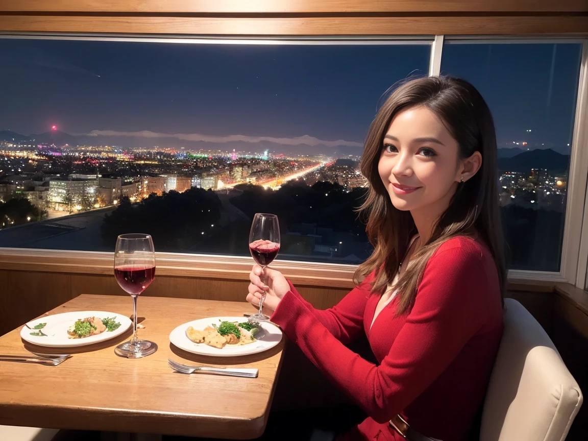 (K UHD, nffsw, highest quality, table top: 1.2), (realistic, realistic: 1.37), Spectacular view of the sunset sky and clouds、Amazing mountain views、ニコニコ明るいsmile、smileの素敵な女性、that woman'bright face、Fox face、lady、wine 、Appetizer、Italian food、two beauties、brown hair、shortcut、long sleeve shirt、winter fashion、dress、Japanese、Englishman、Dutch、German、Belgian、Italian、French,wineボトル、Appetizer、Champagne、スパークリングwine、Pretty Woman 1, (slimな顔), (because I'thin), (brown hair), (shortcut), cheeks turn a little red, (40 years old), 38 years old, charming beauty、, A beautiful and detailed night view spreads out outside the window..........., restaurant, wineグラスに座って, At night, in a prominent place (from the waist up) nova frog style, actress, model, Upper body, 白wine, slim, wineグラス, Very beautiful night view, 真ん中に置かれたwineグラス, smile, (smile: 1.15), Beautiful little eyes,