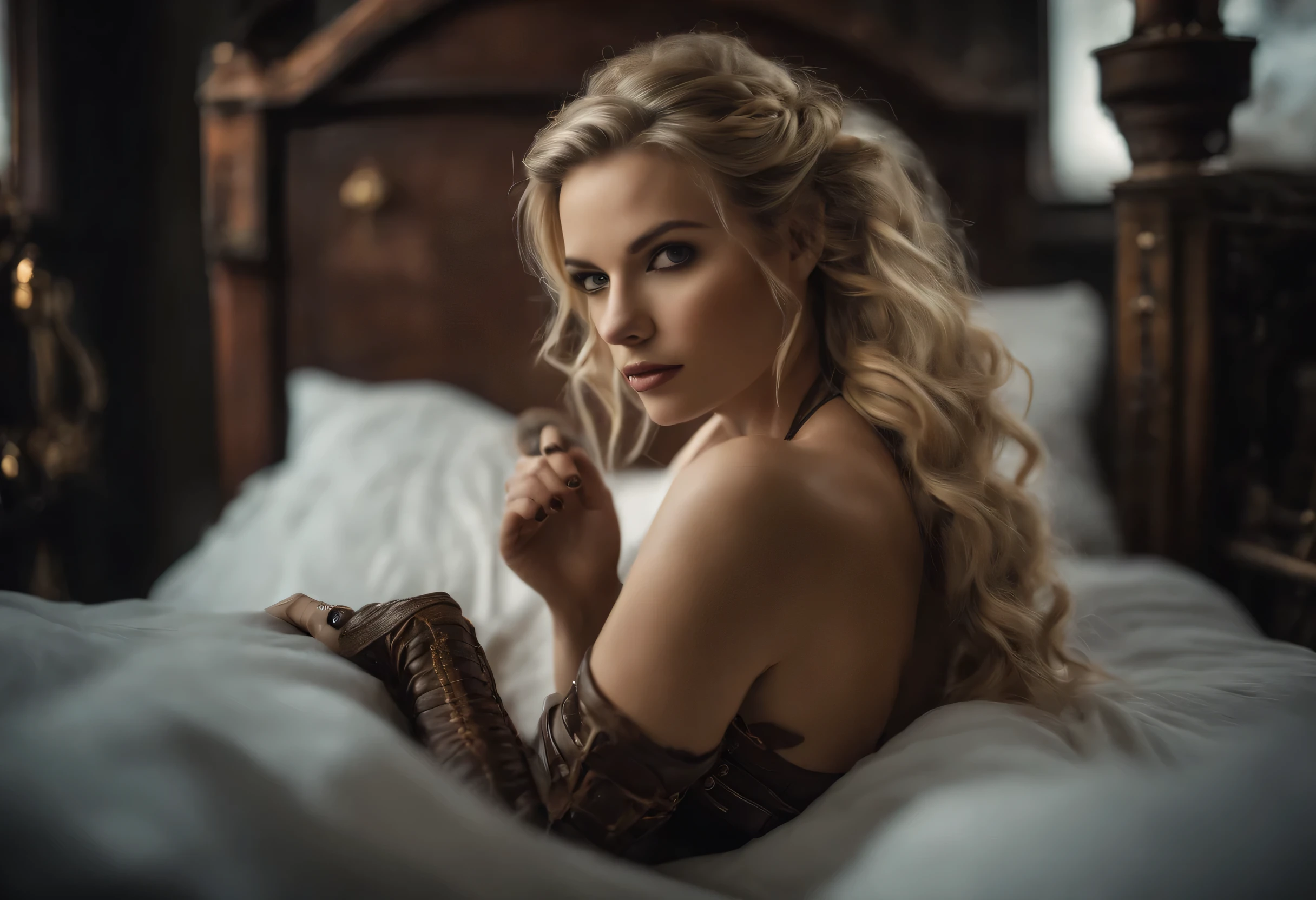 (Realisttic:1.2), analog photo style, Beautiful woman,posing, tiny titts, small titts, with long blond hair braided, (steampunk dark fantasy atmosphere), soft natural light, lies in a steampunk bed and looks at you with her legs spread, her pussy is wide open, titts and pussy, sweet anus, high detail face, high detail skincute and sexy, great quality, Masterpiece, detailed strange background, better performance, sharp focus, 16k quality, RAW photo, view from above, topview