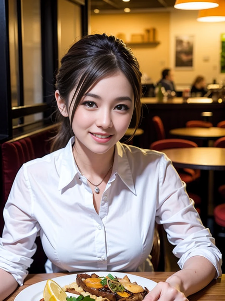 (K UHD, nffsw, highest quality, table top: 1.2), (realistic, realistic: 1.37), Spectacular view of the sunset sky and clouds、Amazing mountain views、ニコニコ明るいsmile、smileの素敵な女性、that woman'bright face、Fox face、lady、wine 、Appetizer、Italian food、two beauties、brown hair、shortcut、long sleeve shirt、winter fashion、dress、Japanese、Englishman、Dutch、German、Belgian、Italian、French,wineボトル、Appetizer、Champagne、スパークリングwine、Pretty Woman 1, (slimな顔), (because I'thin), (brown hair), (shortcut), cheeks turn a little red, (40 years old), 38 years old, charming beauty、, A beautiful and detailed night view spreads out outside the window..........., restaurant, wineグラスに座って, At night, in a prominent place (from the waist up) nova frog style, actress, model, Upper body, 白wine, slim, wineグラス, Very beautiful night view, 真ん中に置かれたwineグラス, smile, (smile: 1.15), Beautiful little eyes,