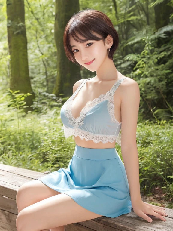 one woman、japanese woman、20-year-old beauty、professional lighting、short hair、brunette colored hair、brook in the forest、A sheer slip、Pastel blue lace underwear、mini skirt、High resolution、rich expression、no makeup、cute smile、face light、catch light、Body tilted slightly to the right、Foot-to-foot display、hair fluttering in the wind、Show women smaller、slightly larger breasts、Beautiful legs extending from the skirt、Show from skirt to knee、Use a reflector to bring light to your face、Sitting pose with buttocks touching down、hold your knees with both hands