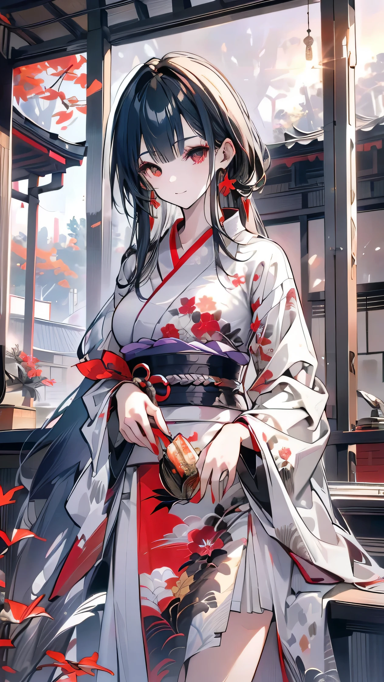 ((masterpiece,High resolution,8K quality,highest quality)),1 girl,((highly detailed face)),woman,delicate eyes,((deep red eyes)),((hairstyle on:straight long,black haired,Hair exposed to light turns dark red)),red classic pattern ribbon,Deep purple kimono with classic pattern,Modern buttons,Taisho,Smile elegantly,natural skin tone,Brown leather southern pattern collar,Light of the sun,sunset,(彼岸花You can see the sunset from the veranda,Japanese garden,night,Watching the sunset from the porch)),Bewitching