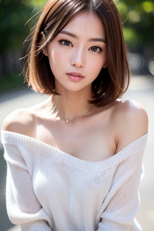 beautiful japanese woman、1 person,very pretty and slim、outstanding style 、((8K image、super high quality))、very delicate face, skin and hair、short hair、straggling hair,(((((gradient hair、blonde))))),Very cute Japanese cut face、Eyes and nose are clearly visible、kind eyes,(((off shoulder sweater、simple background、looking at the viewer)))、full body shot