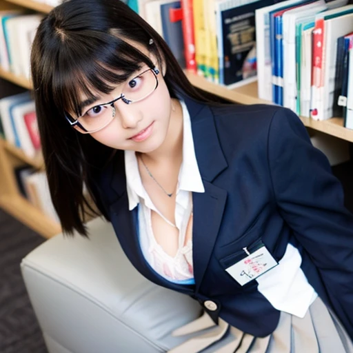 Beautiful 15 year old Japanese student,wear glasses, beautiful black hair,Traditional ,(navy blue blazer,white collared shirt,dark red bow tie,gray pleated skirt,black stockings,black loafers),big breasts,cleavage,Realistic school library,Shoot from the best angle